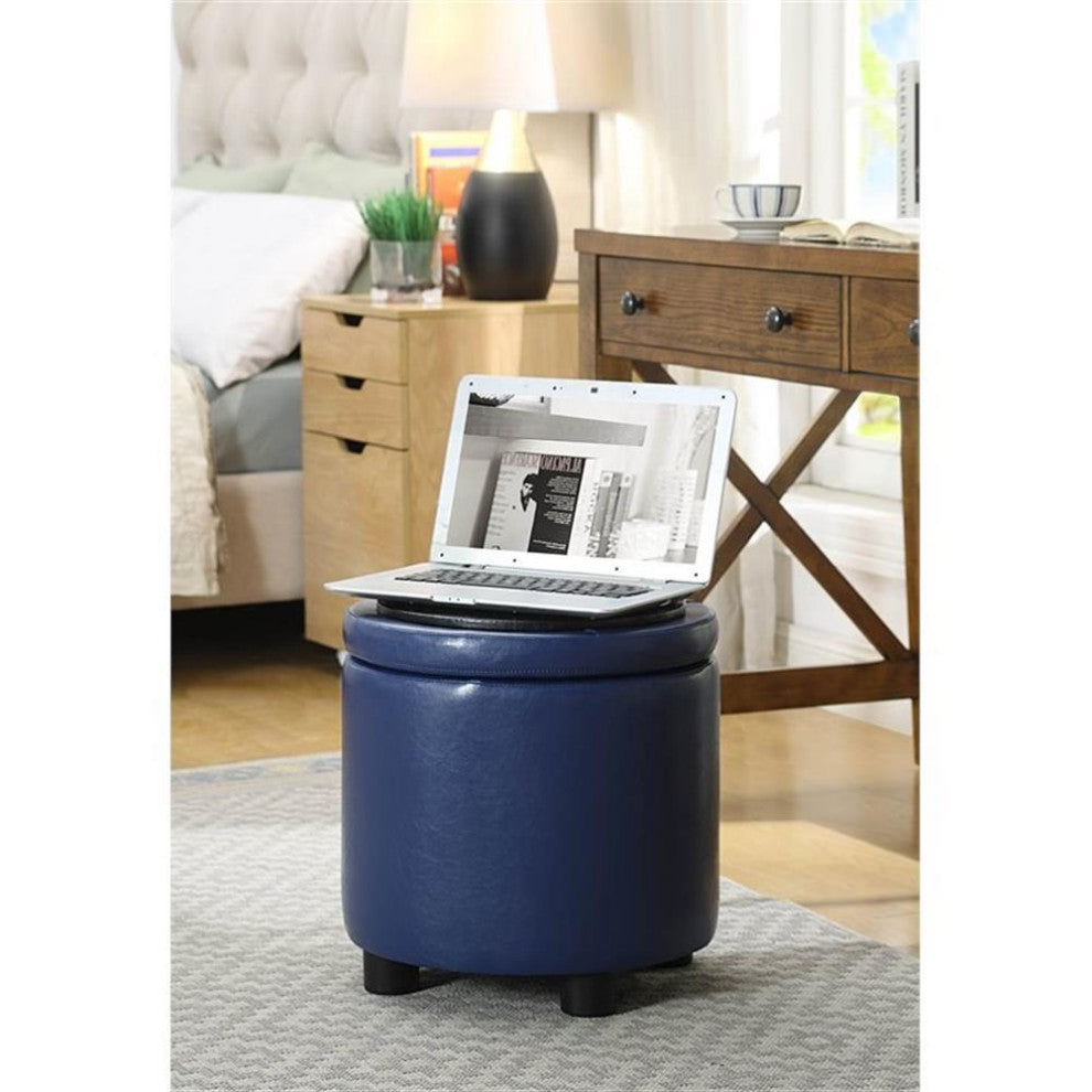 Designs4Comfort Round Accent Storage Ottoman in Blue Faux Leather Fabric