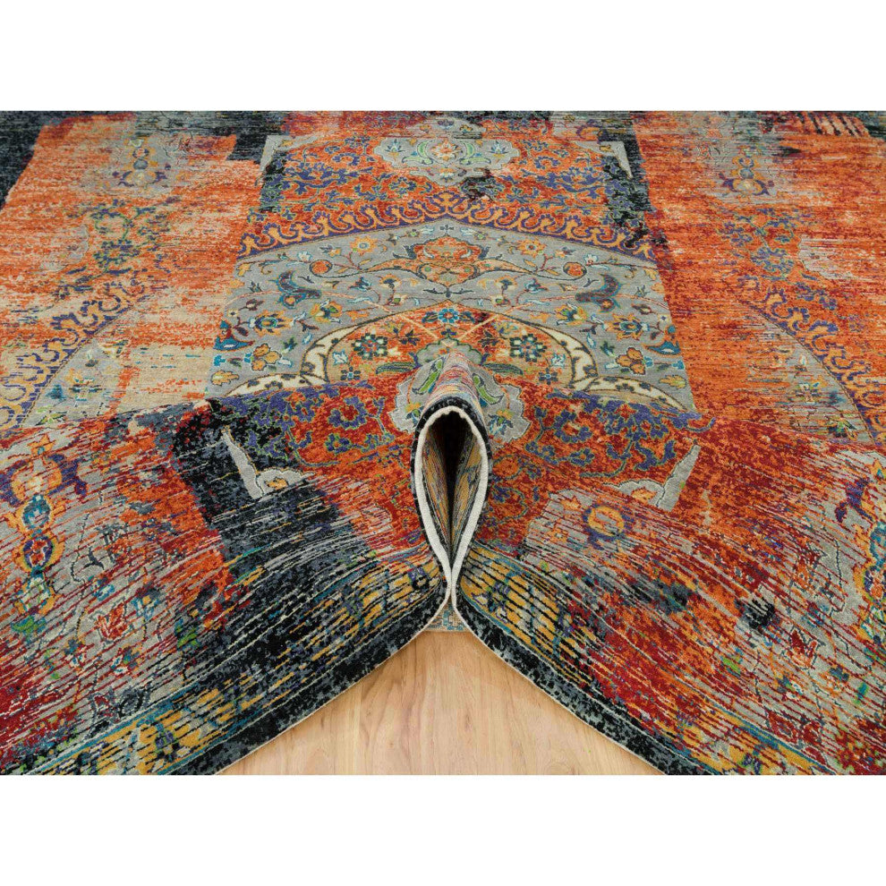 Orange Wool Hand Knotted Ancient Ottoman Erased Design Square Rug 10'2"x10'2"