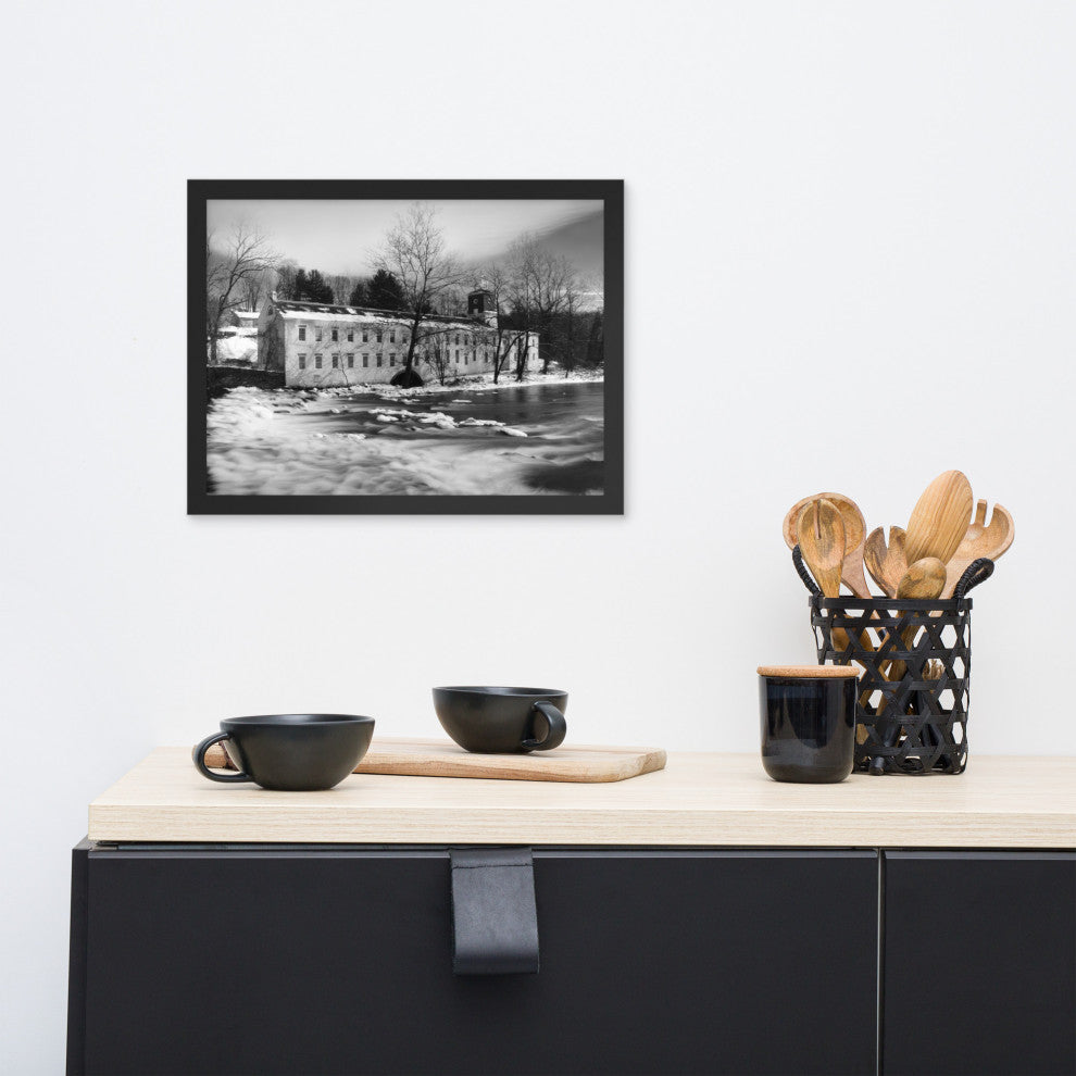 Winter at Powder Mill Rural Landscape Framed Photo Paper Wall Art Prints, Black, 12" X 16"
