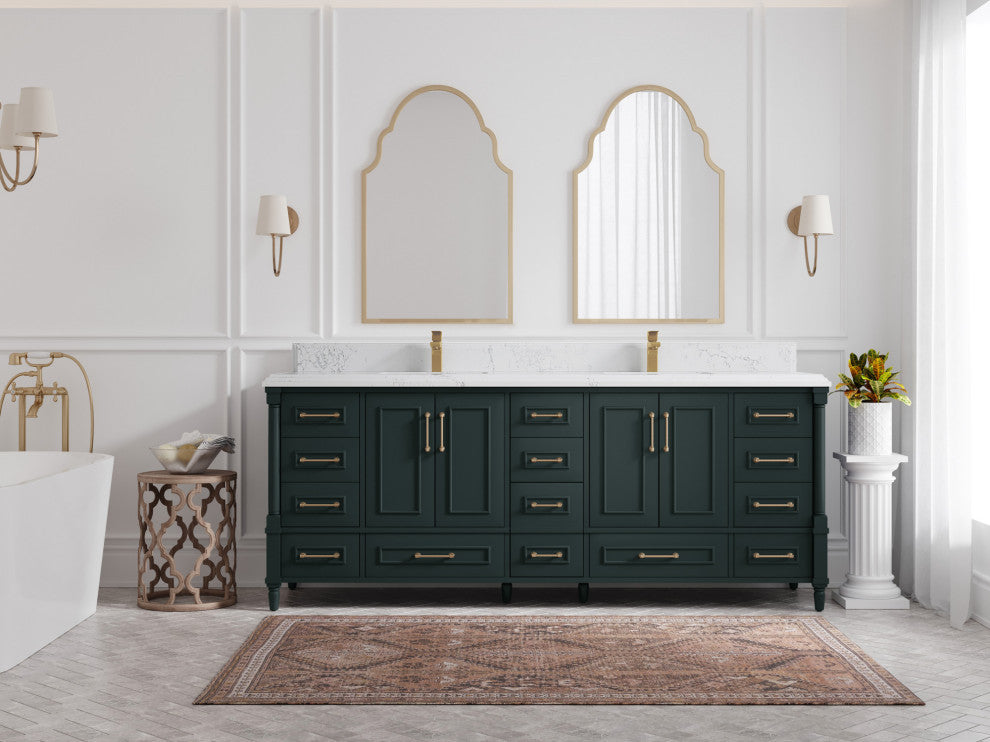 Aberdeen 84 Double Sink Bath Vanity Dark Forest Green 15" Empira Quartz