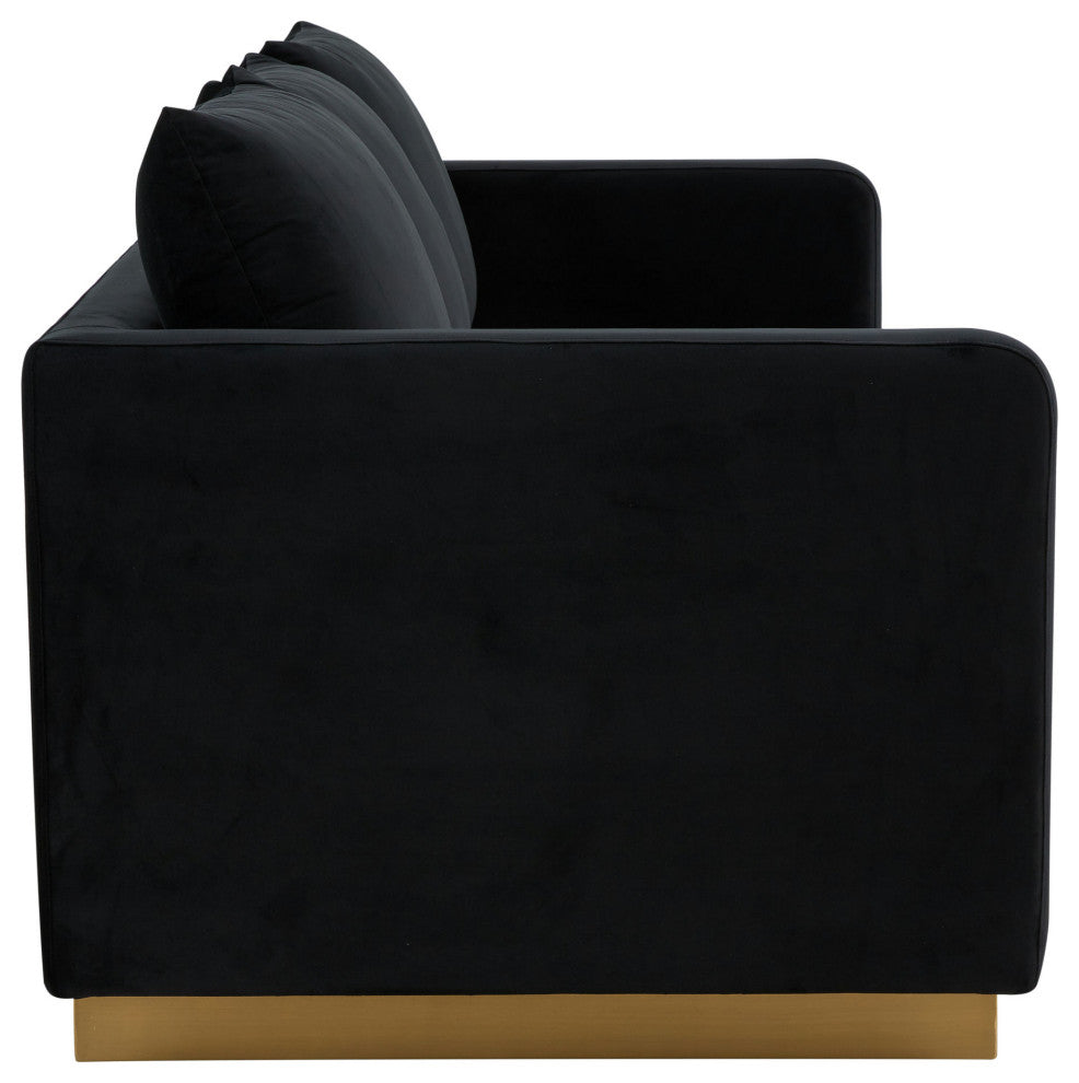 LeisureMod NS83BL Nervo Midnight Black Modern Mid-Century Gold Frame Velvet Sofa