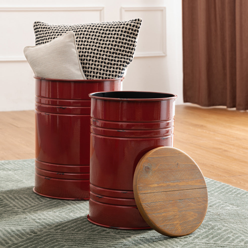 Farmhouse Metal With Solid Wood Seat Storage Stool, Set of 2, Red