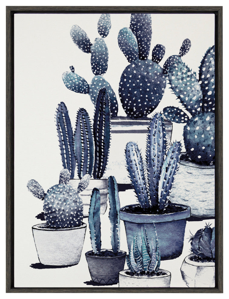 Sylvie Blue Potted Cacti Framed Canvas, Gray 23x33