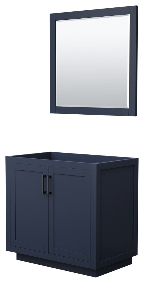 36" Single Bathroom Vanity, Dark Blue, No Countertop, Black Trim, 34" Mirror