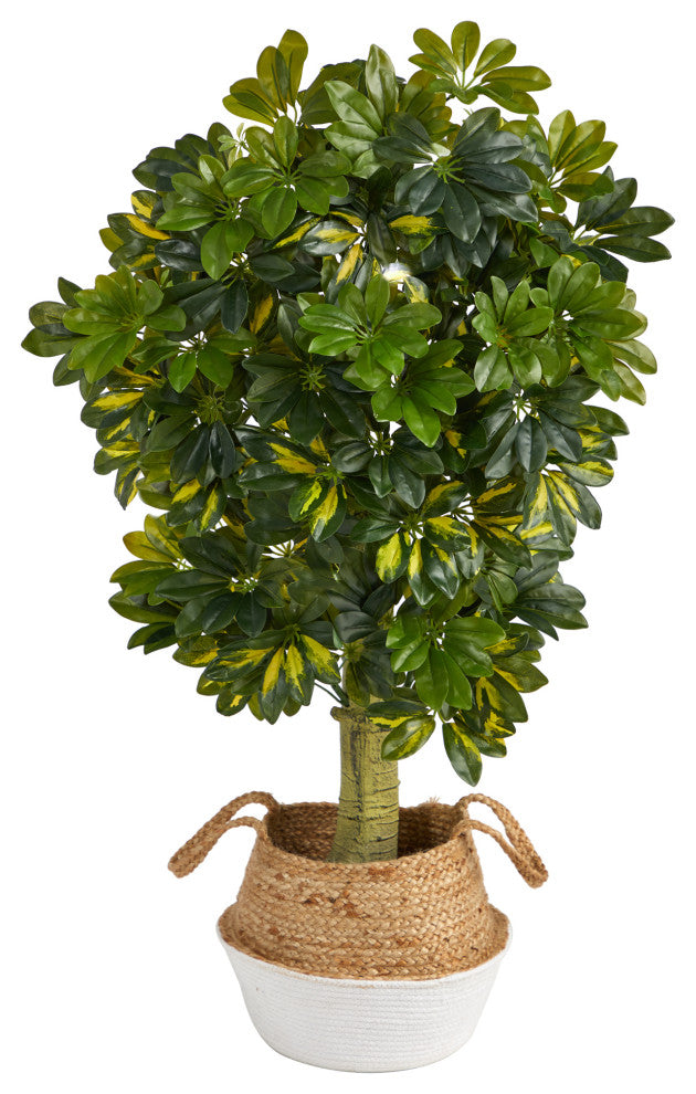 4' Schefflera Faux Tree, Boho Chic Handmade Cotton & Jute White Woven Planter