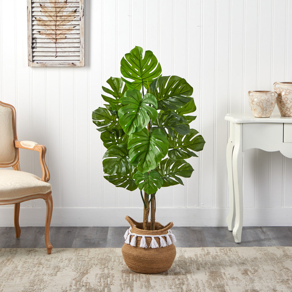 4' Monstera Faux Tree, Boho Handmade Natural Cotton Woven Planter W/Tassels