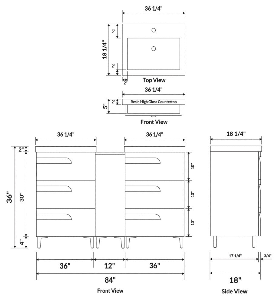 84" Freestanding White Vanity Set With Two Sinks, LV7-C15B-84W, Style 7