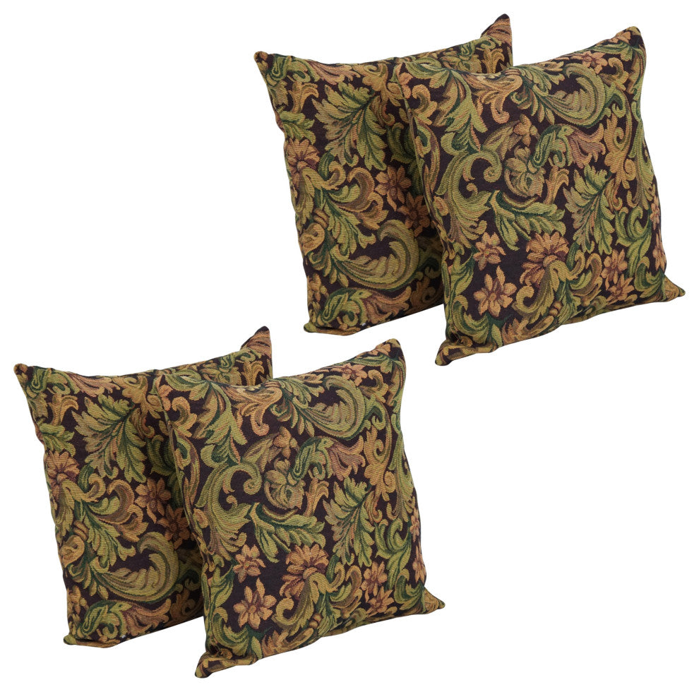 17" Tapestry Throw Pillows With Inserts, Set of 4, Brown Damask