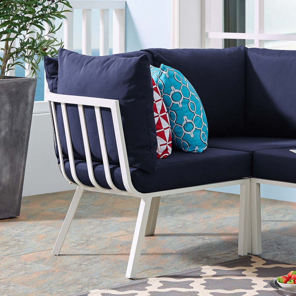 Lounge Chair, Aluminum, Metal, White Blue Navy, Modern, Outdoor Patio Bistro