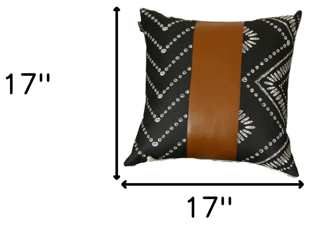 Set of 2 Ikat Styled Patterns and Bright Brown Faux Leather Pillow Covers