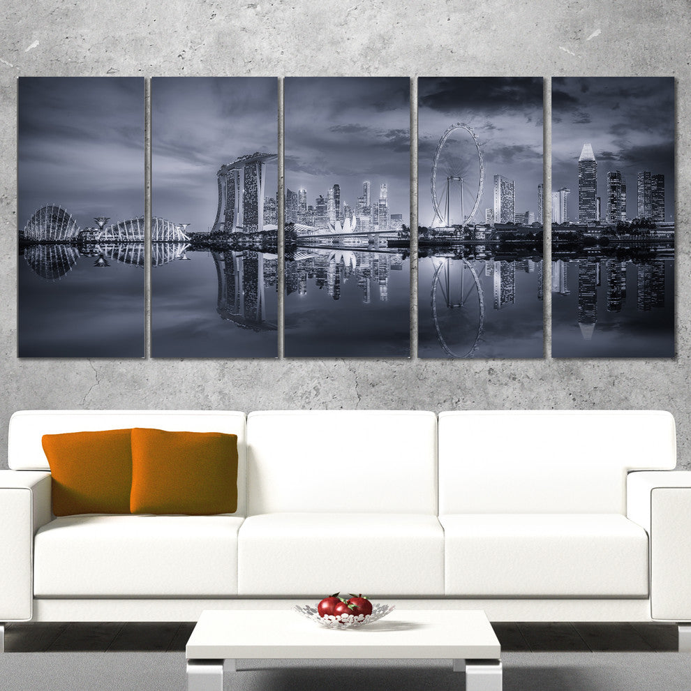 "Black And White Singapore Skyline" Cityscape Canvas print, 5 Panels, 60"x28"