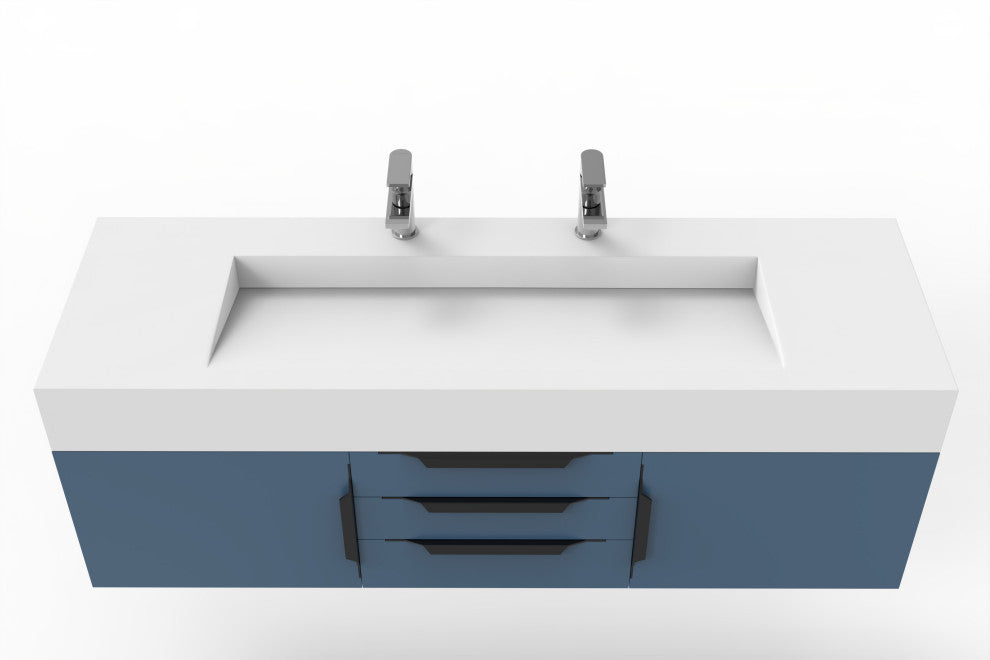 CastelloUSA Nile 60" Wall Mounted Vanity Set, Blue, White Top, Black Handles