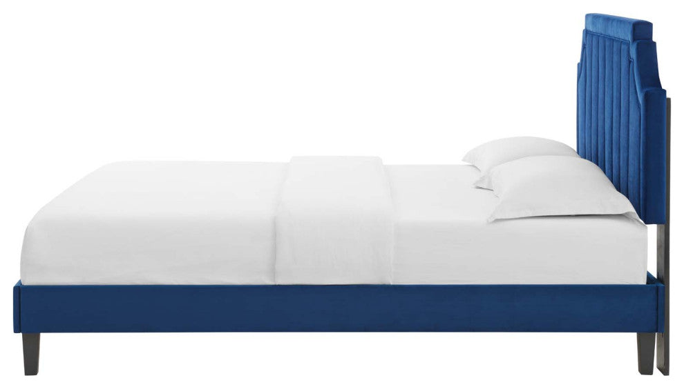 Platform Bed Frame, Full Size, Velvet, Blue Navy, Modern Contemporary, Bedroom