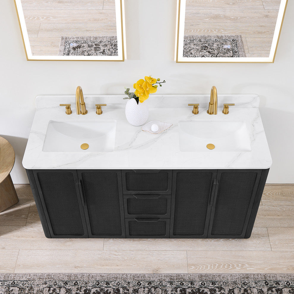 Busan Bath Vanity, Quartz Top No Mirror, Oak Classic Black, 60", Double Vanity