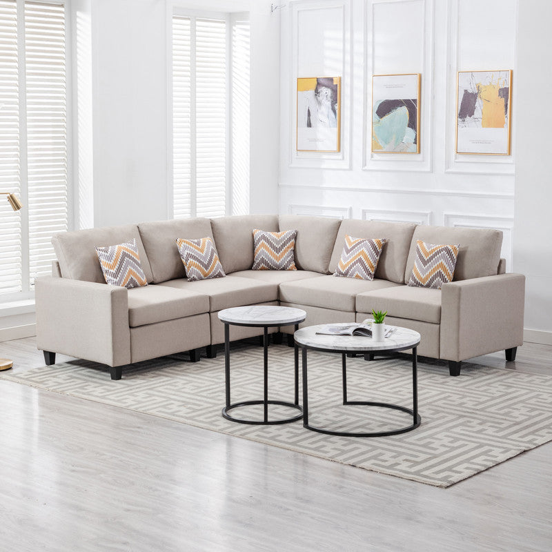 Nolan Beige Linen 5-Piece Reversible Sectional Sofa, Interchangeable Legs