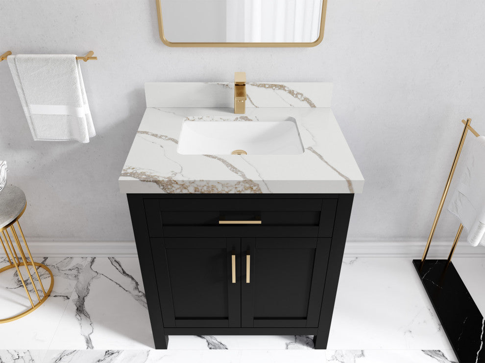 Cambridge 30 Single Sink Bath Vanity in Black 2" Calacatta Gold