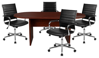5-Piece Oval Conference Table Set With 4 LeatherSoft Ribbed Executive Chairs, Ma