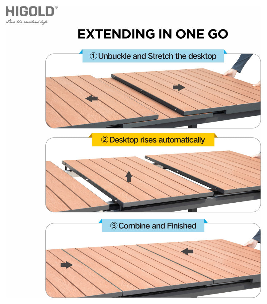 Carlo 8+1 pieces extendable Faux Wood Slats Outdoor Dining set for 8 person