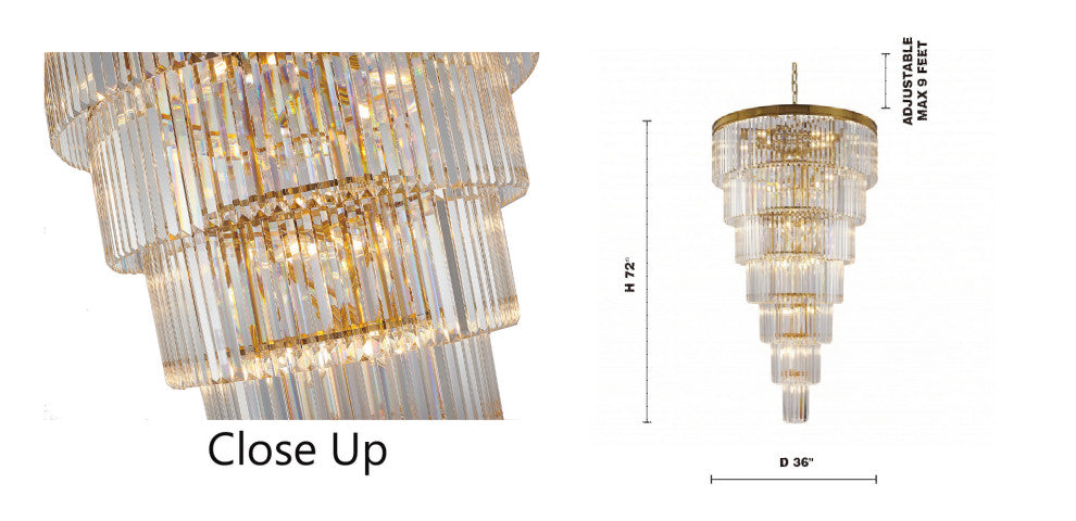 36" 34-Light Brass Metal 7-Tier Chandelier With Clear Crystals, Brass, D36'' H72''