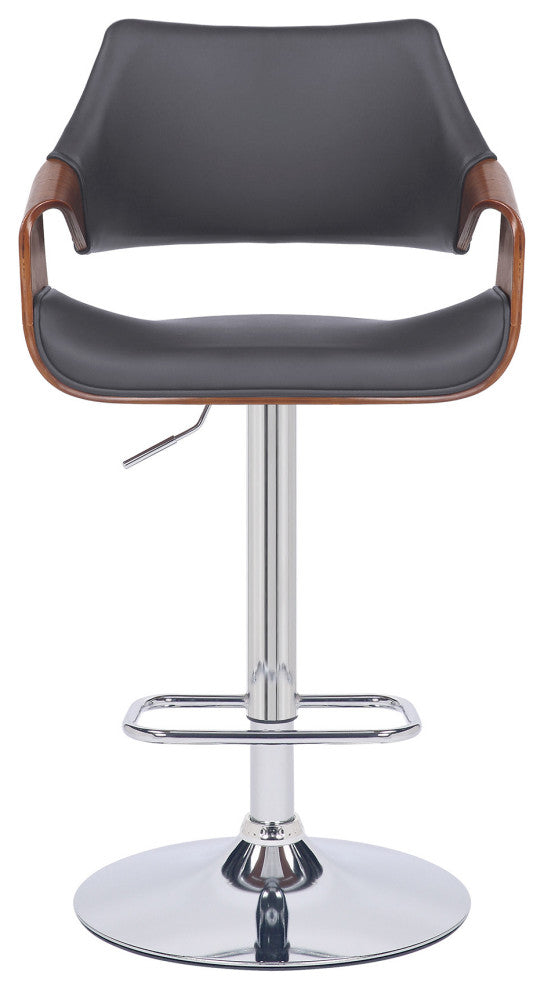 Gray Faux Leather and Walnut Wood and Chrome Swivel Adjustable Bar Stool