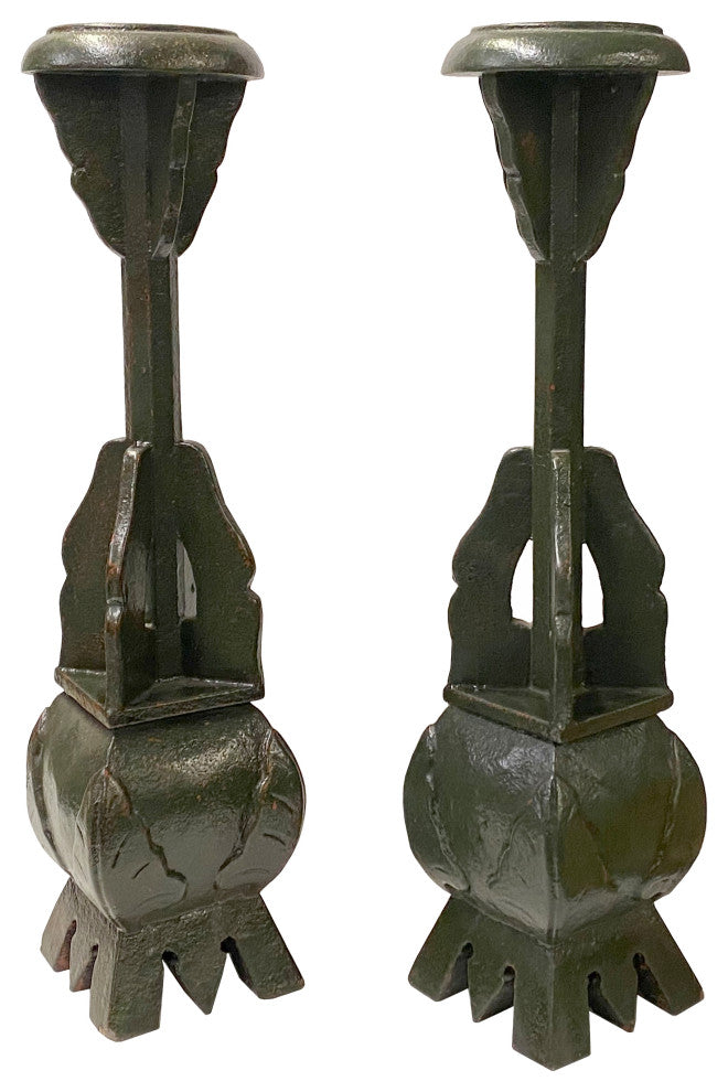 Pair Handmade Wood Green Square Base Round Candle Holders Display, Hws2231