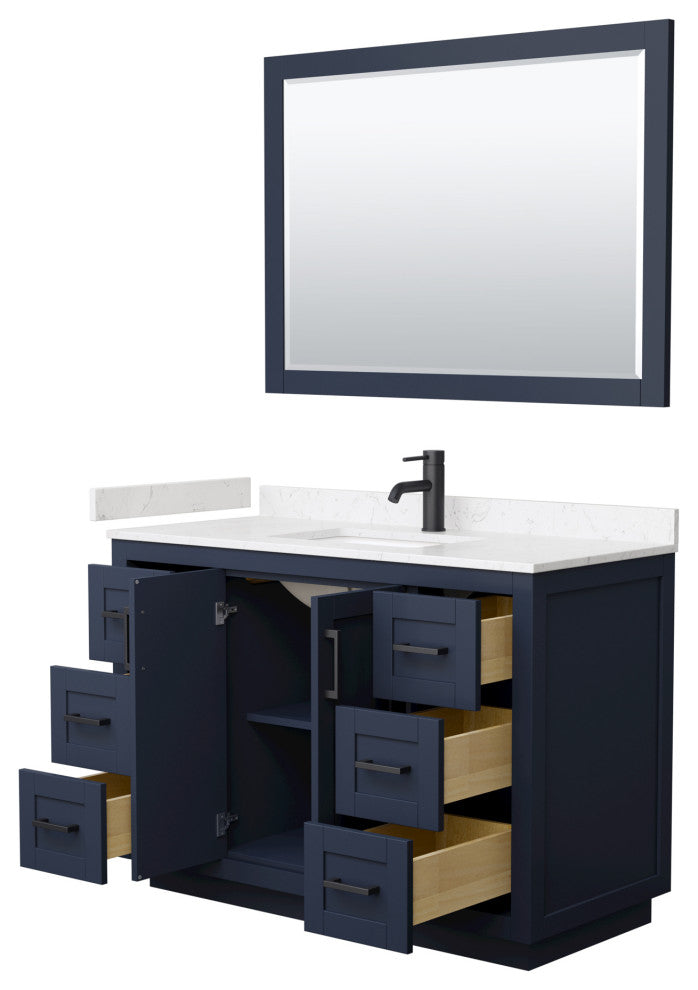 48"SGL Vanity Dark Blue, LV Carrara Cult. Top, Sink, Black Trim, 46"Mirror