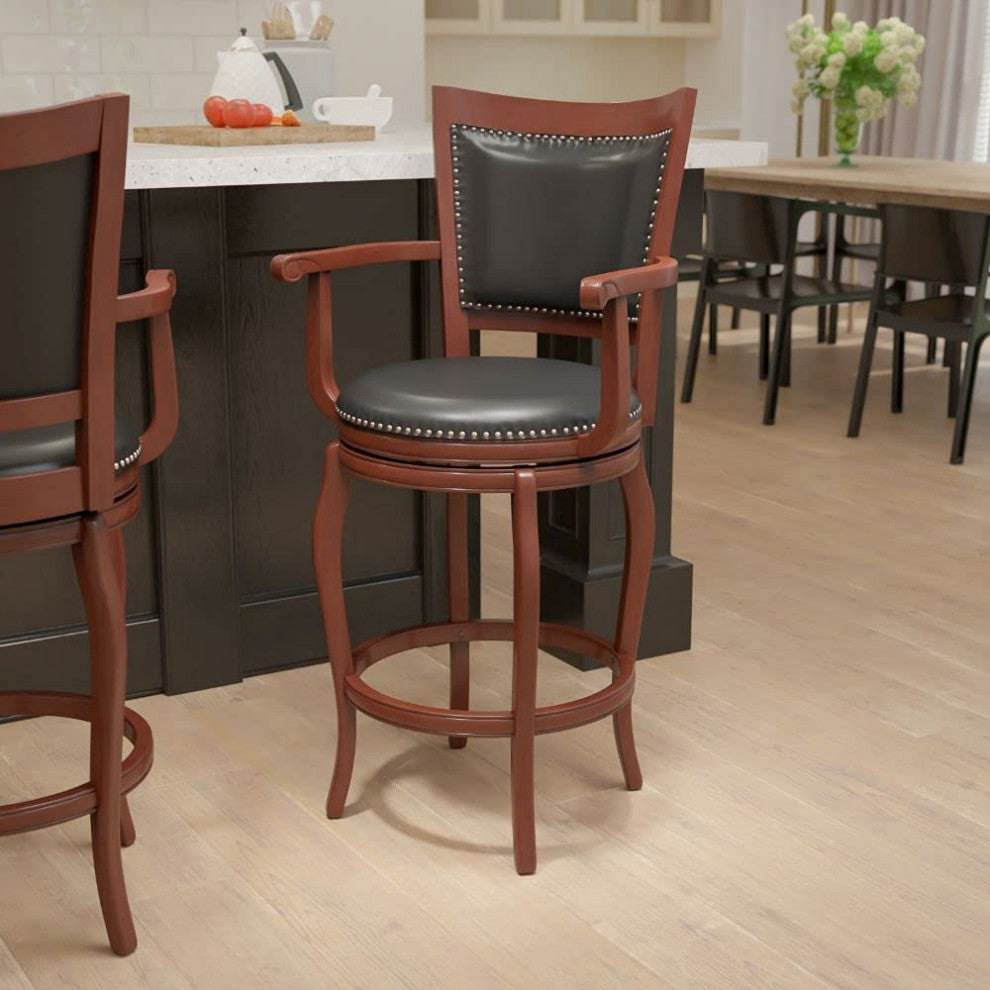 Contemporary Bar Stool, Cherry Finished Frame & Swivel Black LeatherSoft Seat