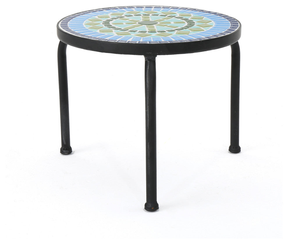 GDF Studio Isildur Outdoor Blue and Green Ceramic Tile Iron Frame Side Table