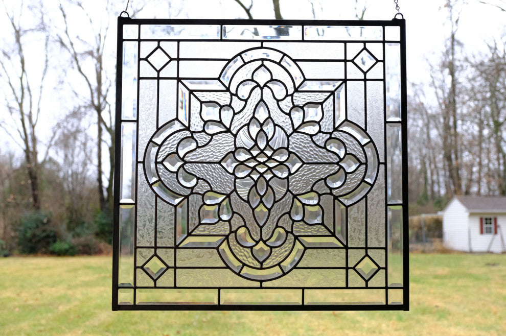 Handcrafted All Clear Beveled glass window panel, 24" x 24"