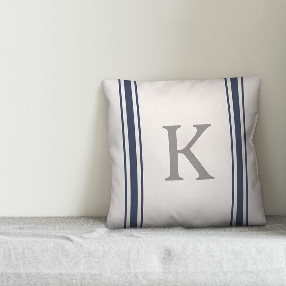 Blue Farmhouse Stripe Monogram - K 18x18 Spun Poly Pillow