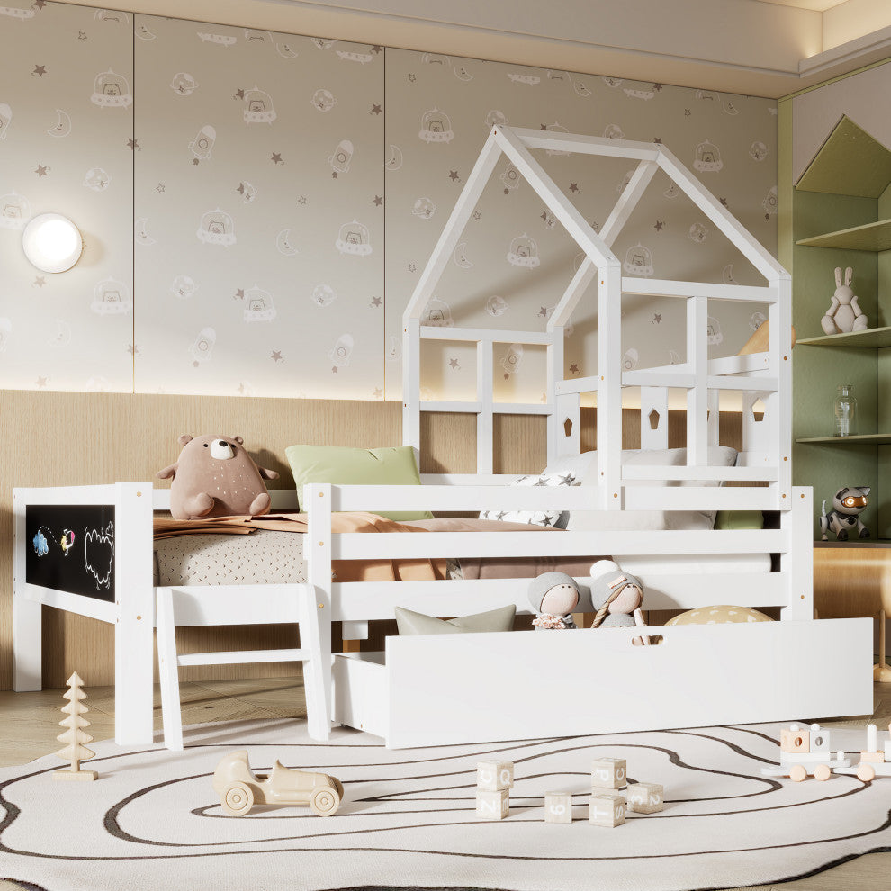 Gewnee Twin Size House Bed with Ladder and Storage Drawers for Kid Bedroom