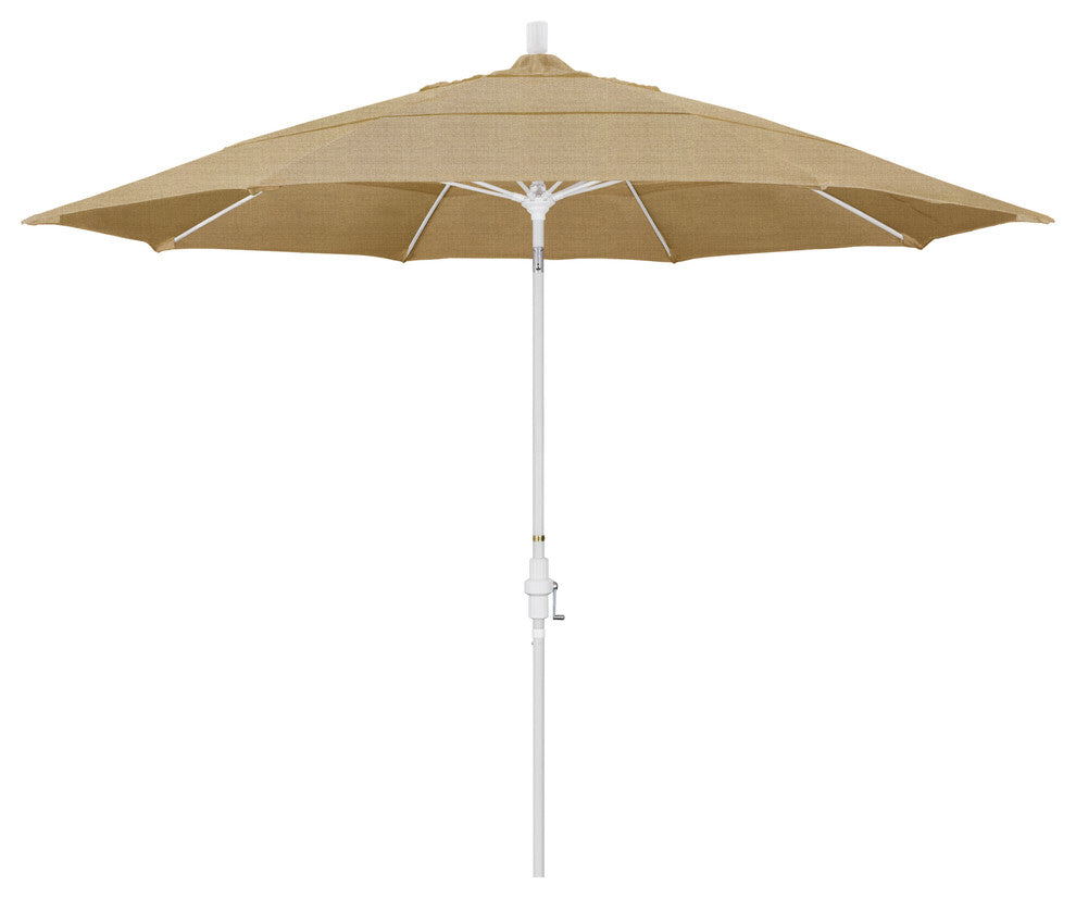 11' Matted White Collar Tilt Lift Fiberglass Rib Aluminum Umbrella, Sunbrella, Linen Sesame