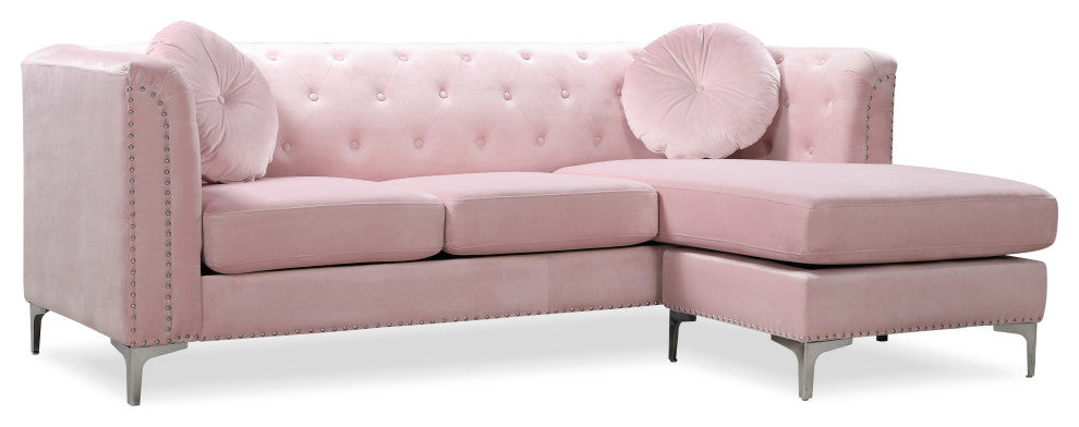 Pompano Velvet Button Tufted Sofa with Chaise, Pink