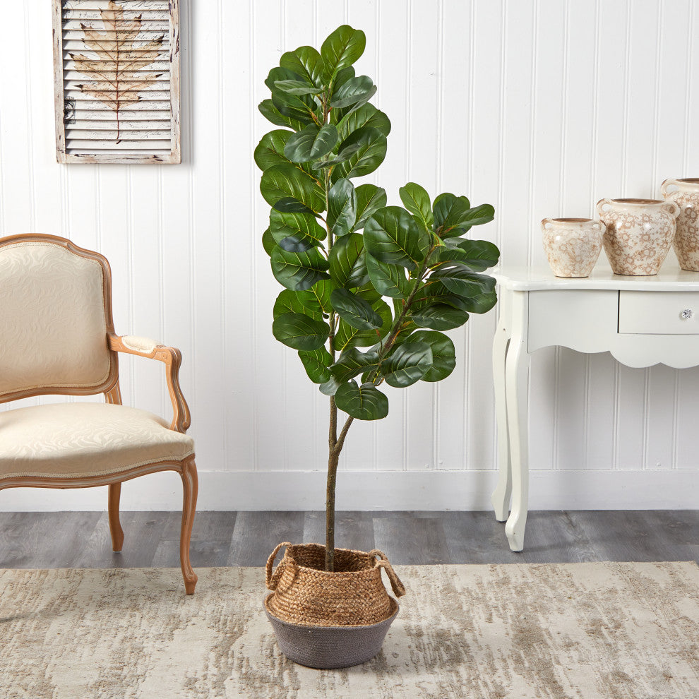 4.5' Fiddle Leaf Fig Faux Tree With Boho Chic Cotton & Jute White Woven Planter