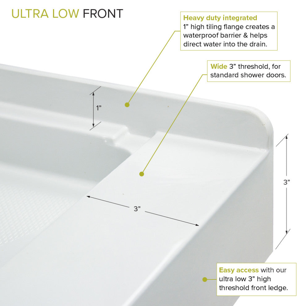 Transolid Linear 48"x32" Single Threshold Shower Base with a Center Drain, White, 60-in L X 36-in W