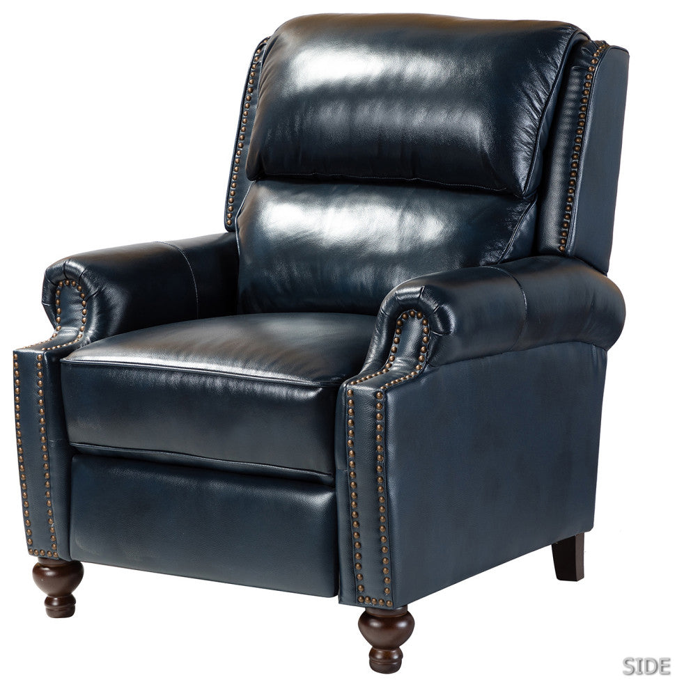 Genuine Leather Cigar Recliner With Nail Head Trim, Navy