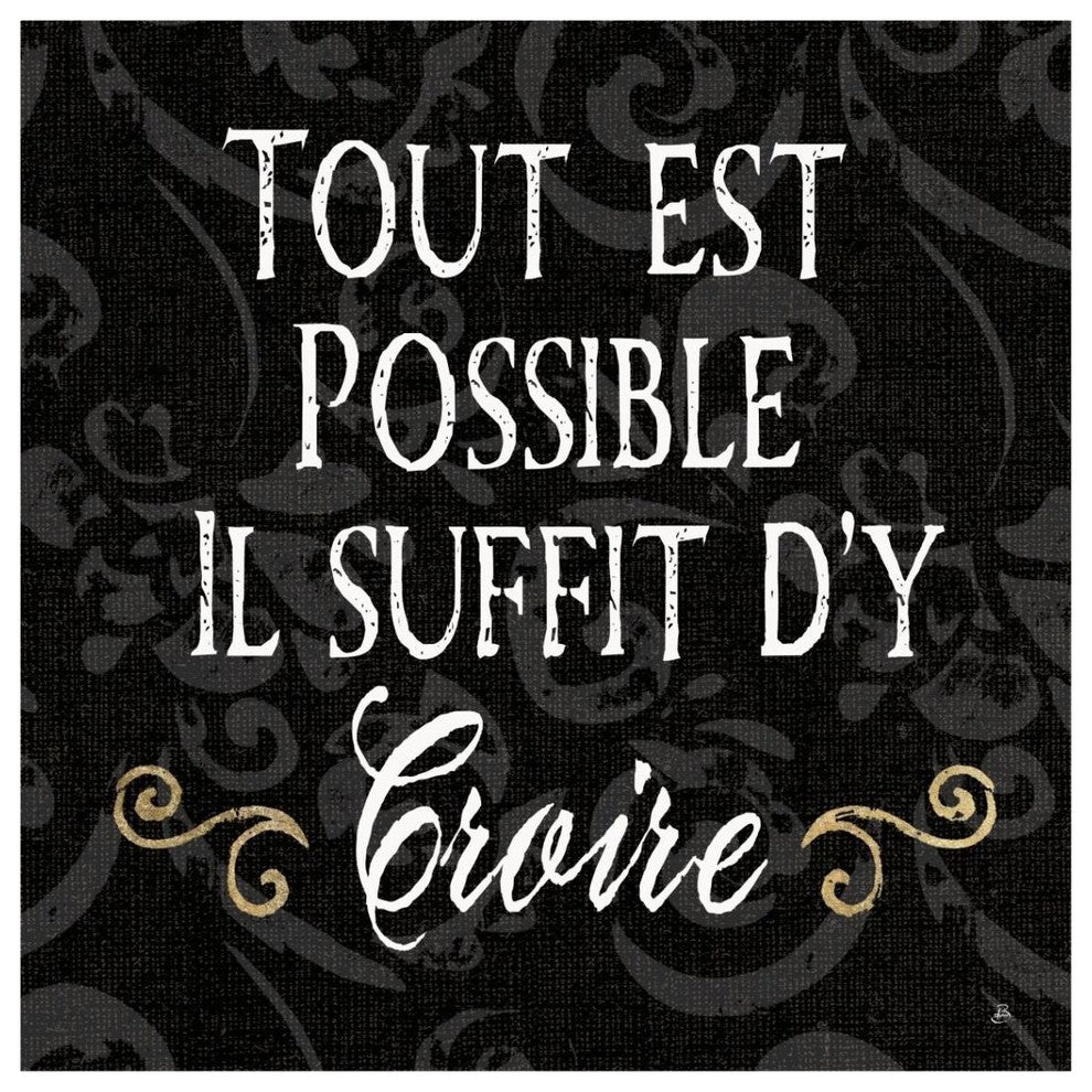 "Inspirational Collage IV French on Black" Print by Daphne Brissonnet, 38"x38"