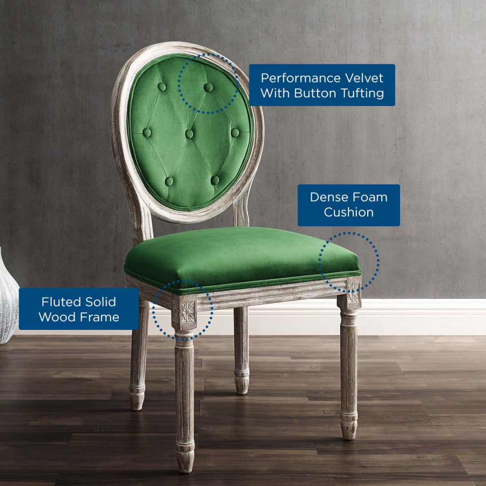 French Vintage Side Dining Chair, Velvet, Wood, Brown Natural Green, Modern