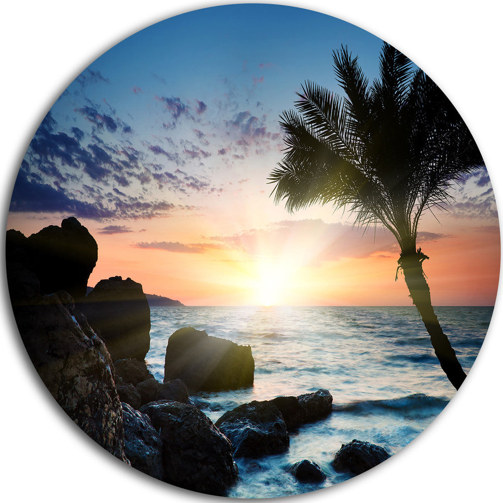 Lonely Palm Tree On Rocky Beach, Seashore Round Metal Wall Art, 23"
