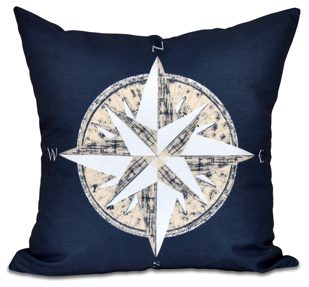 Compass, Geometric Print Outdoor Pillow, Navy Blue, 20"x20"