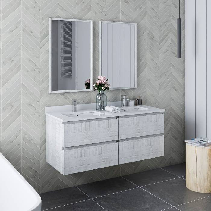 Formosa Modern 48" Rustic White Wall Hung Double Sink Vanity Set, Faucet Fft1030