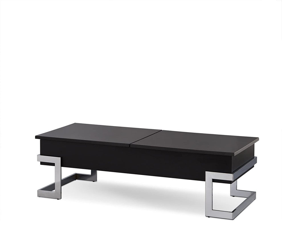 Modern Coffee Table, Unique Design With Chrome Base & Lift Up Tray Top, Black
