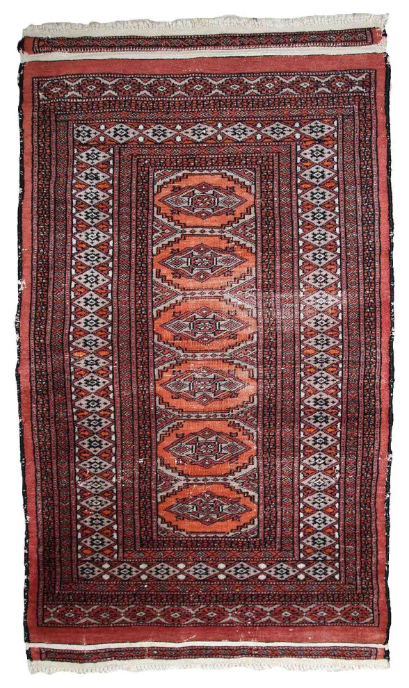 Handmade Vintage Uzbek Bukhara distressed Rug, 2.4'x4.3', 75cmx132cm 1960s