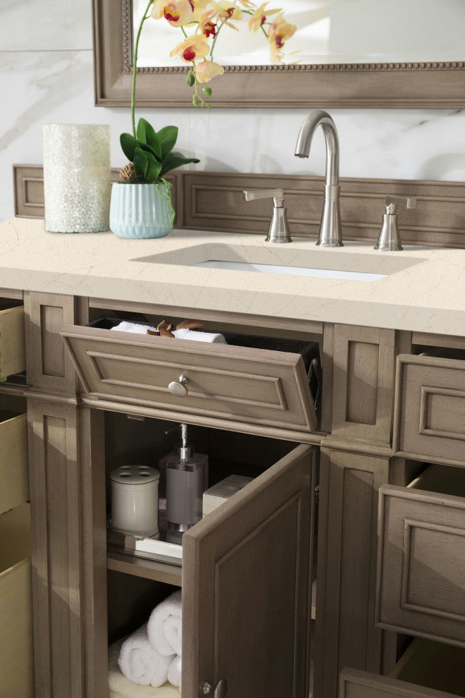Bristol 60" Single Vanity, Whitewashed Walnut, w/ 3 CM Eternal Marfil Quartz Top