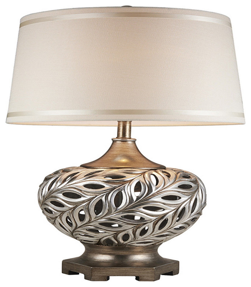 Benzara BM240303 Table Lamp With Scrolled Peacock Feather Cutout Base, Silver