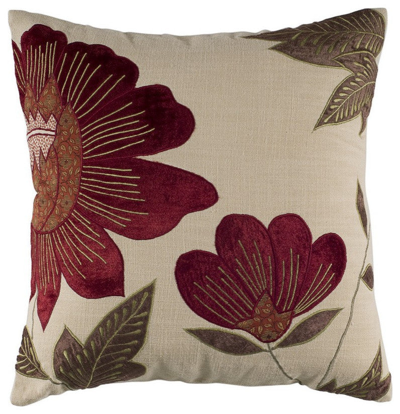 Red Beige Floral Down Filled Throw Pillow