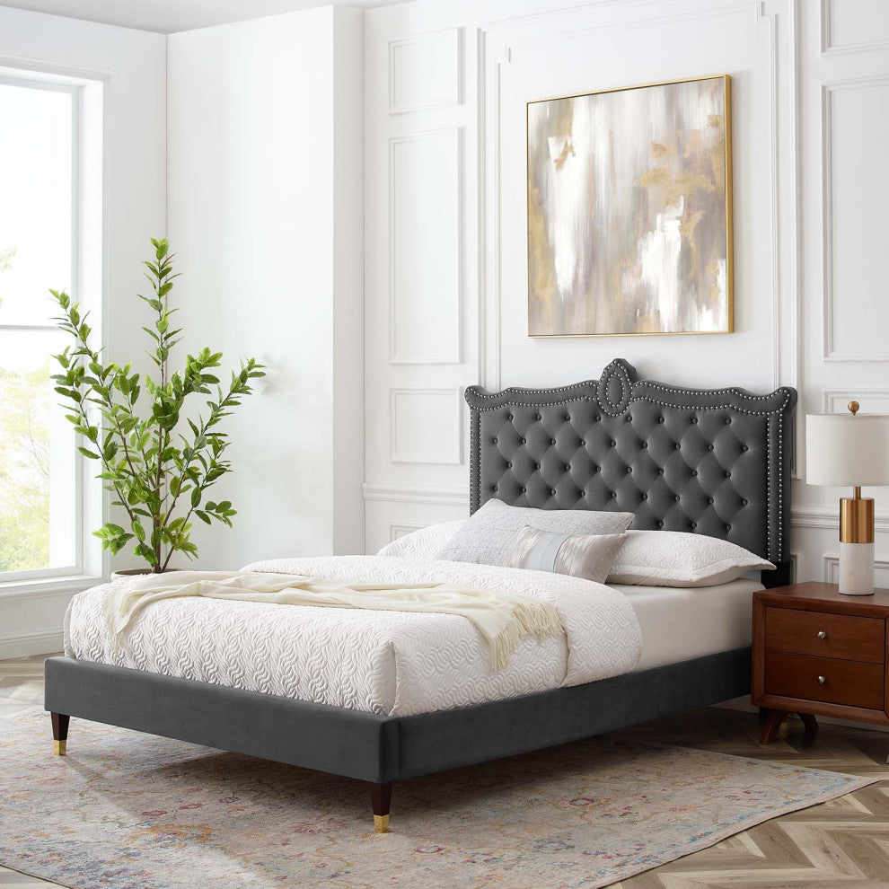 Platform Bed Frame, Nailhead, Queen Size, Charcoal Gray, Velvet, Modern
