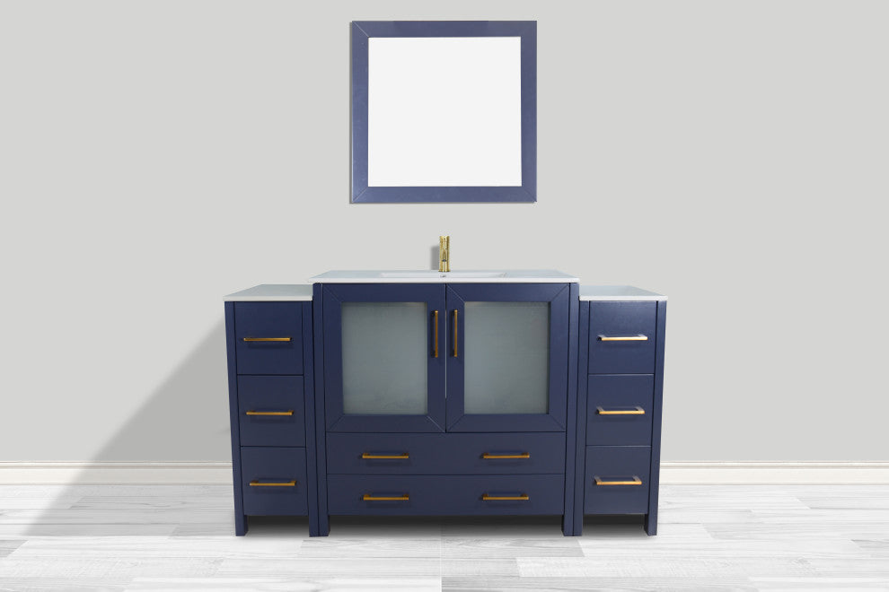 Vanity Art Single Vanity Set With Ceramic Top, 60", Blue, Led Sensor-Switch Mirror