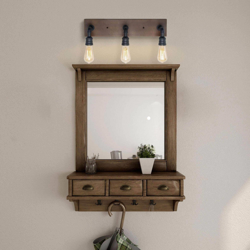 LALUZ 3-Light Black and Brown Water Pipe Farmhouse Bathroom Vanity Lights