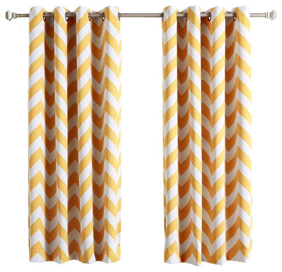 Chevron Printed Grommet Curtains, Pair, Yellow, 63"